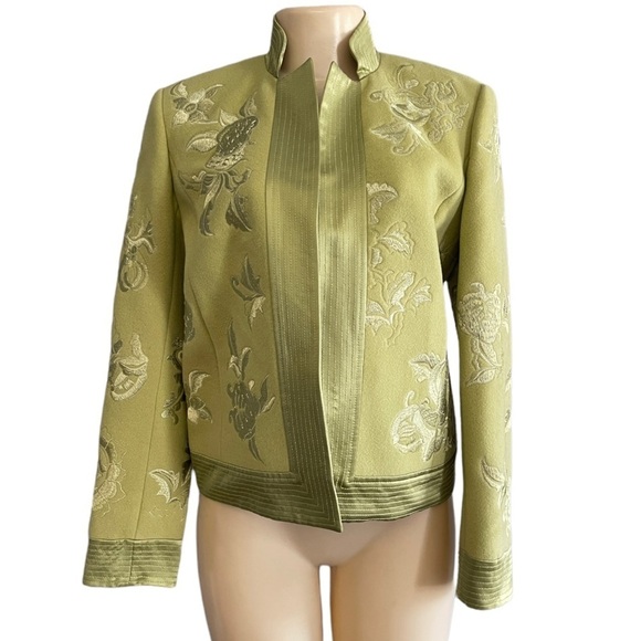 Linda Allard Ellen Tracy Quiet Luxury Green Wool Silk‎ Floral Embroidered Blazer - Picture 1 of 10